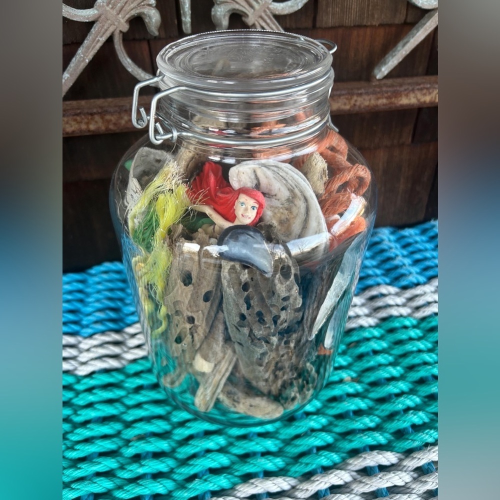 Large Italian Glass Jar Filled with Montauk Beach Finds. Driftwood, buoy pieces